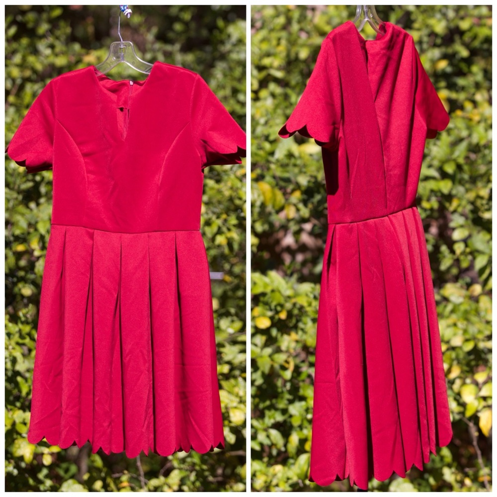 Red dress with scallops  and pleats Large